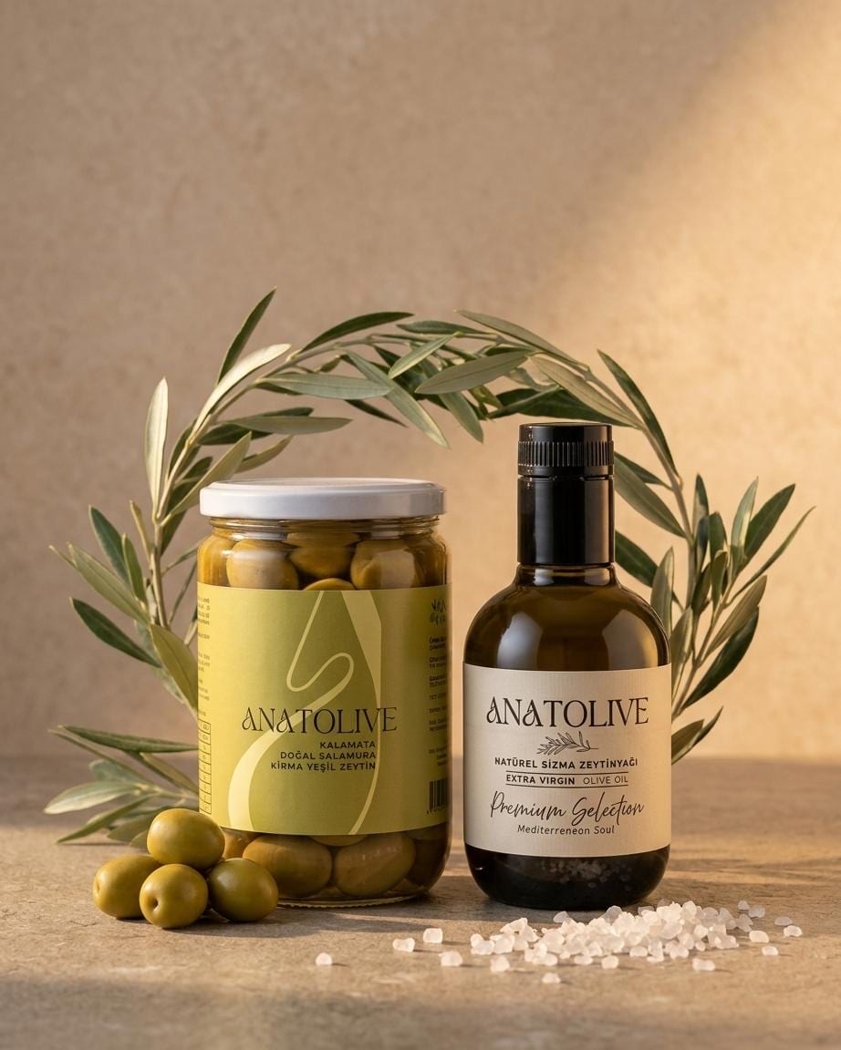 Anatolive natürel sızma zeytinyağı ve doğal salamura Kalamata zeytin
