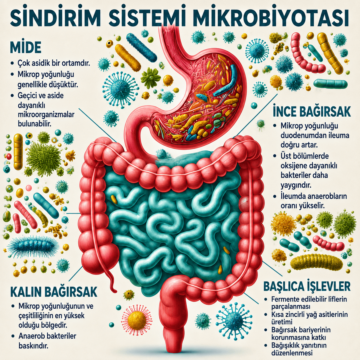 İnsan sindirim sisteminde yaşayan canlı mikroorganizmaların (Bağırsak Mikrobiyatası ya da İnsan Sindirim Sistemi Mikrobiyatası) dağılımı ve özellikleri.